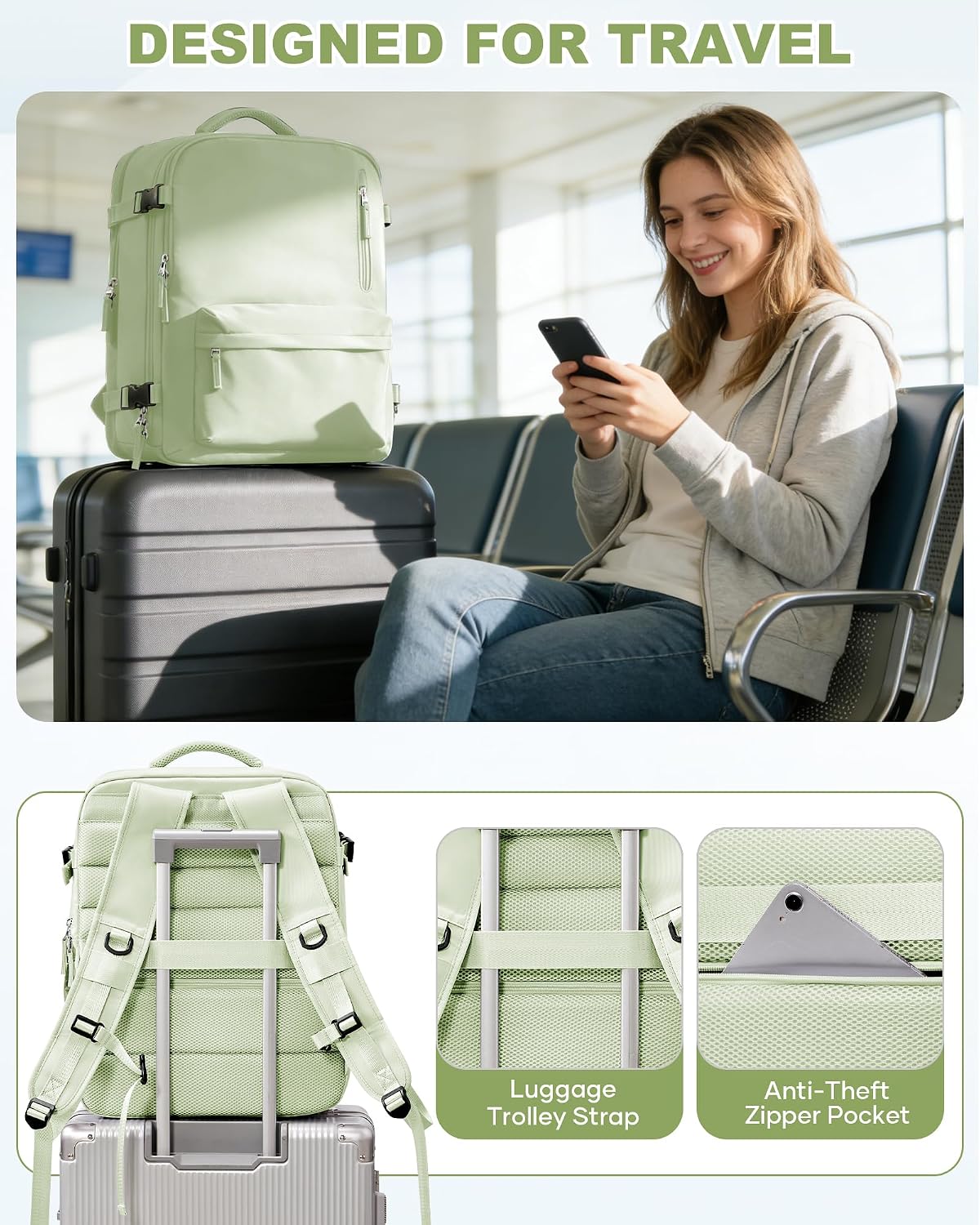 Women's Vacuum Travel Backpack, 18×14×8 Inch Carry-On for Spirit Airlines, Laptop Hiking Rucksack-mintgreen