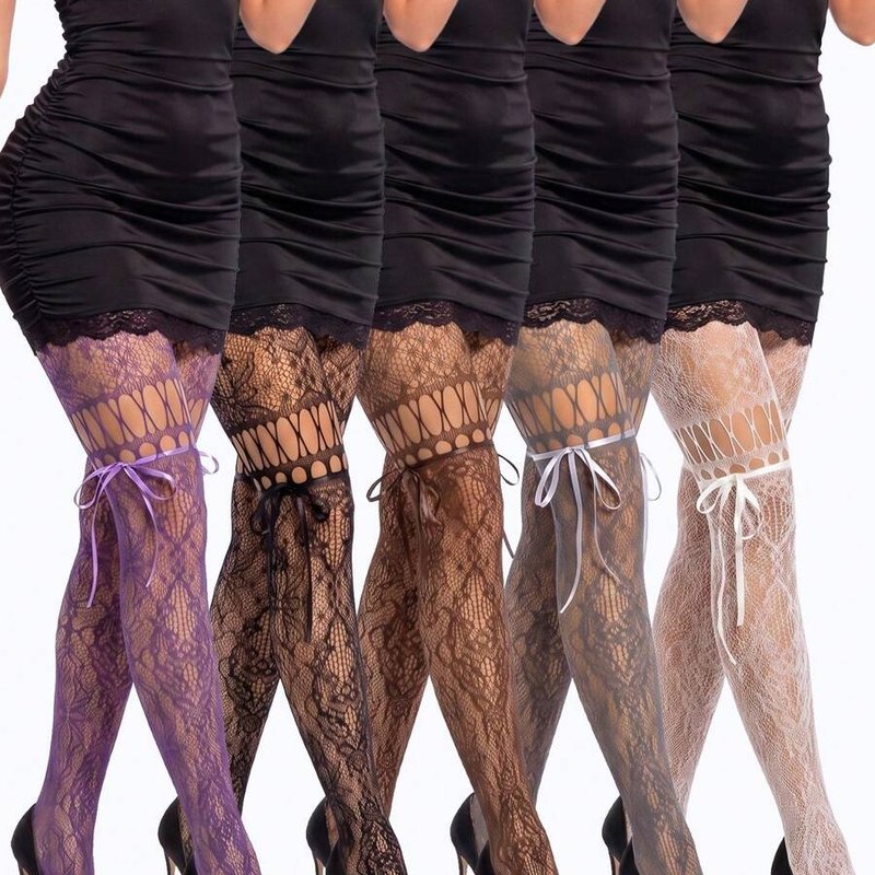 Women's Lace Ribbon Tie Fishnet Thigh High Stockings 5 Pairs Floral Hollow Y2K Clubwear