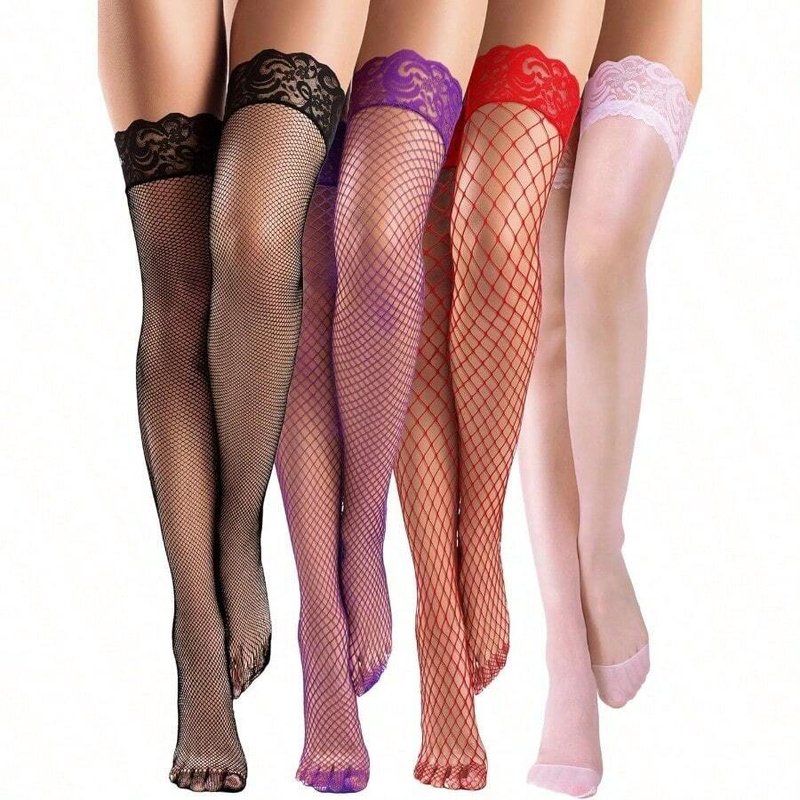 Women's Fishnet Thigh High Stockings Silicone Lace Top 4 Pairs Sheer Over Knee Socks